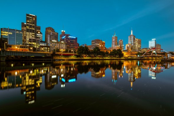 Die abendliche Skyline von Melbourne. Die abendliche Skyline von Melbourne.