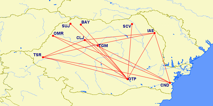Alle Inlandsrouten in Rumänien im Jahr 2017. 