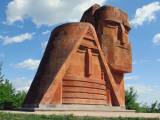 Grandma and Grandpa, <br /> Grandma and Grandpa (1967)<br />  crown a hilltop in We Are Our Mountains Park <br /> just outside Stepanakert, Republic of Nagorno Karabakh.